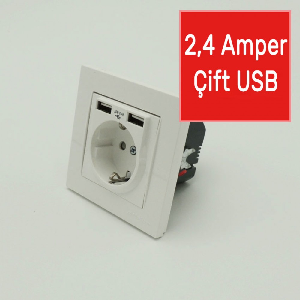 İkili 2,4 Amper USB Bağlantılı Topraklı Duvar Sıva Altı Priz 5 V