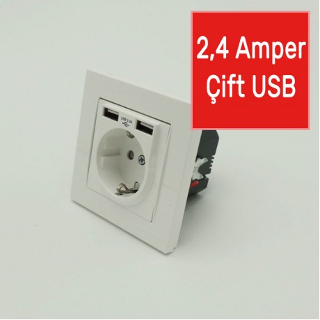 İkili 2,4 Amper USB Bağlantılı Topraklı Duvar Sıva Altı Priz 5 V